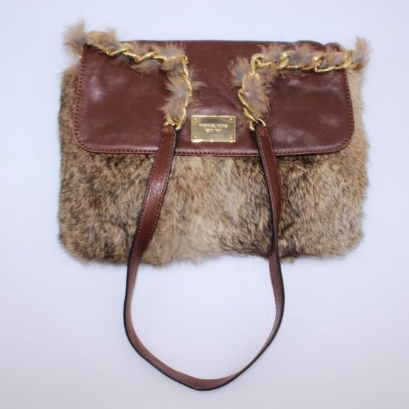 Michael Kors Shoulder Bag Purse Logo Satchel Brown Leather Rabbit Fur Messenger - Picture 10 of 12